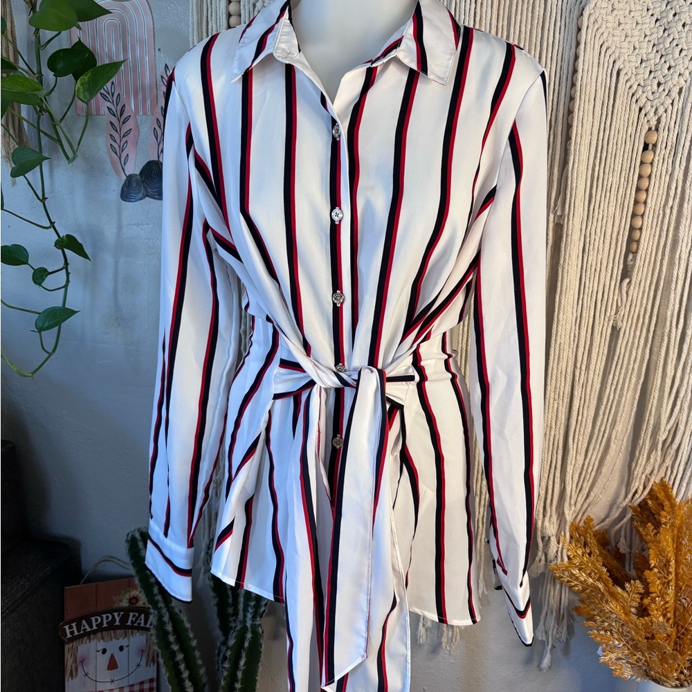 Tommy Hilfiger White and Red Striped Button-Down Shirt